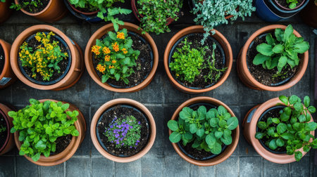 A beautiful overhead view of an arranged collection of potted plants displaying a variety of colors and textures, perfect for gardening enthusiasts and nature lovers.の素材