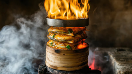 Experience the visual feast of a freshly prepared fish dish steaming in a bamboo basket, complemented by vibrant flames and aromatic smoke, perfect for culinary inspiration.の素材