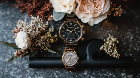 A sophisticated display of elegant watches amidst beautiful floral arrangements, showcasing the perfect blend of style and natural beauty for any stock photography collection.の素材