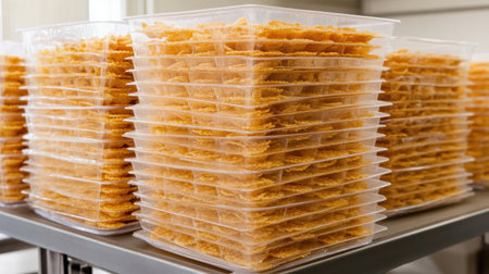A well-organized display of transparent containers filled with crispy snacks, showcasing food storage solutions. Ideal for food-related industries and packaging inspirations.の素材