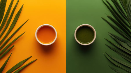 Two bowls of colorful smoothies sit against a bright background of orange and green, surrounded by tropical leaves, creating a refreshing and inviting atmosphere ideal for health enthusiasts.の素材
