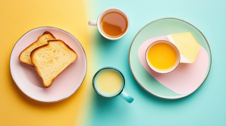 A beautifully arranged breakfast scene featuring toast with butter, a cup of tea, and fresh juices. This vibrant still life adds a cheerful touch to morning routines and culinary enjoyment.の素材