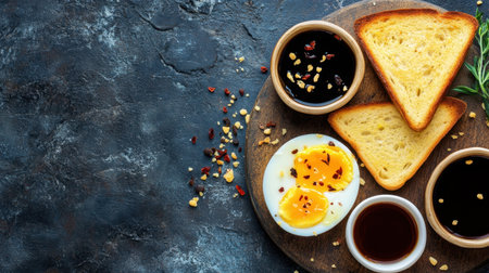 A tempting breakfast spread featuring soft boiled eggs, golden toast, and an array of sauces, creating a delightful start to any day. Perfect for food lovers.の素材