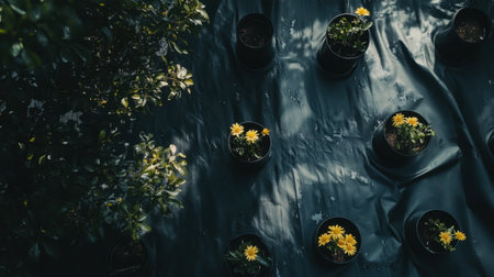 A stunning overhead view of flowering plants in pots against a dark surface, showcasing vibrant yellow blooms surrounded by lush greenery, ideal for gardening inspiration.の素材