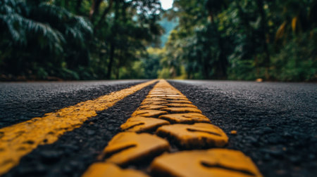 Captivating view of a road winding through a vibrant green forest with bold yellow lane markings, inviting travelers into a natural adventure and serene wilderness experience.の素材