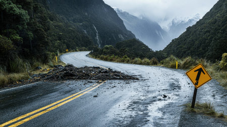 A mudslide has blocked a winding mountain road, showcasing nature's raw force against a breathtaking backdrop of steep cliffs and mist-laden mountains.の素材