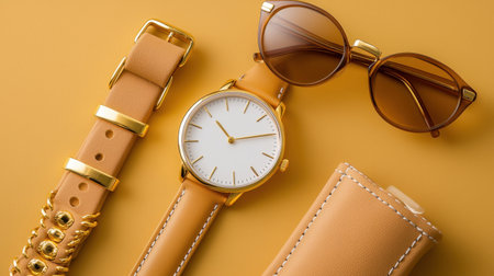 A beautifully arranged flatlay featuring an elegant gold watch with a brown strap and fashionable sunglasses on a vibrant yellow background, ideal for fashion showcases.の素材