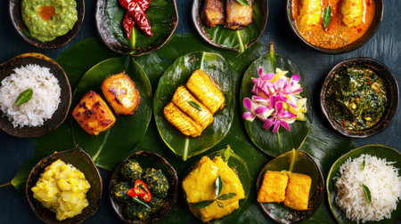 A captivating arrangement of diverse dishes showcasing rice, vegetables, fish, and beautiful garnishes on banana leaves, highlighting the richness of Southeast Asian culinary traditions.の素材