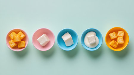 A vibrant arrangement of colorful bowls containing sugar cubes and sweet snacks set against a fresh pastel background, perfect for culinary inspiration and lifestyle imagery.の素材