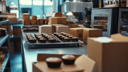 A bustling bakery scene featuring a variety of freshly baked muffins, perfectly arranged on trays with attractive packaging, evoking a sense of warmth and deliciousness.の素材