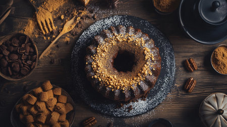 A mouthwatering bundt cake features rich chocolate, adorned with nuts and icing sugar on a wooden table, inspiring culinary creativity and warm gatherings.の素材