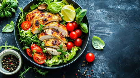 A colorful and nutritious grilled chicken salad featuring succulent chicken, cherry tomatoes, and fresh greens, perfect for health-conscious meal options.の素材