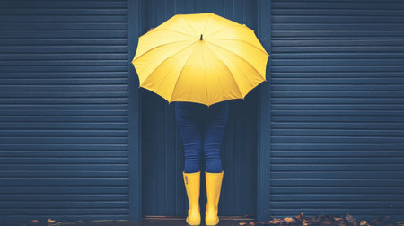 A person stands against a blue backdrop holding a bright yellow umbrella, embodying the essence of joyfulness on a rainy day, perfect for lifestyle imagery.の素材