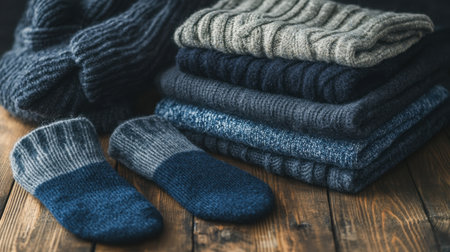 A delightful arrangement of knitted socks and sweaters in blue and gray tones on a rustic wooden surface, evoking warmth and comfort perfect for chilly seasons.の素材