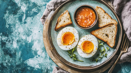 Enjoy a beautifully arranged plate featuring soft-boiled eggs, crispy toast slices, and rich tomato sauce, ideal for a delightful breakfast or brunch experience.の素材