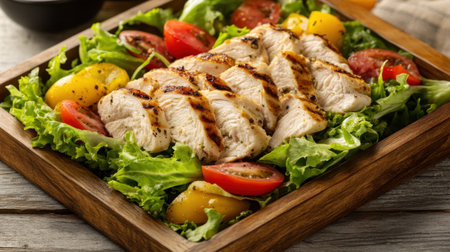 A vibrant grilled chicken salad featuring tender slices of chicken breast, fresh greens, and colorful vegetables served on a rustic wooden tray. Perfect for health-conscious dining.の素材