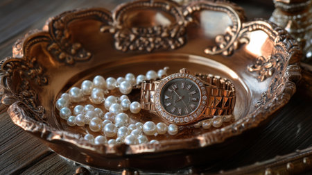 A stunning gold watch adorned with diamonds lies gracefully on a vintage copper plate, enhanced by delicate white pearls, capturing a moment of luxury and elegance.の素材