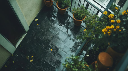 A serene view of a rainy balcony adorned with potted plants, capturing the peaceful atmosphere of urban living amidst nature's beauty on a reflective surface.の素材