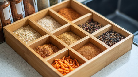 An elegant wooden tray displays a variety of spices and seasonings, enhancing any culinary space and inspiring creativity in cooking and baking endeavors.の素材