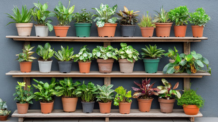A vibrant collection of houseplants on wooden shelving, featuring various pots and lush greenery, perfect for adding life to indoor spaces and inspiring gardening enthusiasts.の素材