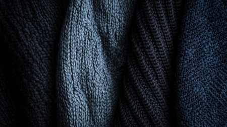 Close-up view of beautifully textured knit fabric showcasing various shades of blue and dark grey, ideal for fashion designs and home decor projects.の素材
