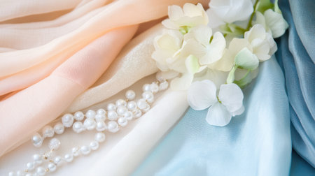 Beautifully arranged soft fabrics with gentle colors and delicate flowers create an elegant aesthetic, ideal for fashion and lifestyle photography projects.の素材