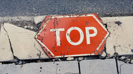 A detailed close-up view of a weathered red road sign featuring the word 'TOP,' set against a cracked and textured roadway, emphasizing urban safety measures.の素材