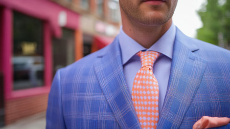 A stylish close-up of a man wearing a light blue checked suit and an orange polka dot tie, embodying modern fashion in an urban setting with a vibrant backdrop.の素材