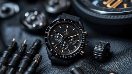 A modern black chronograph watch elegantly placed on a textured leather background, showcasing its stylish design and precision craftsmanship, ideal for fashion photography.の素材