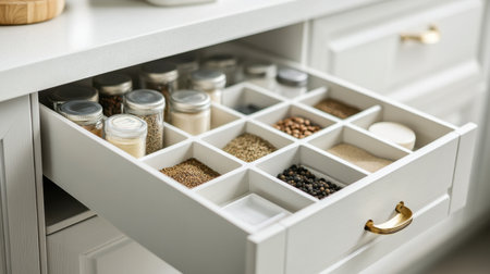 Discover a beautifully organized kitchen spice drawer filled with various spices and herbs in glass jars, perfect for efficient meal preparation and home cooking inspiration.の素材