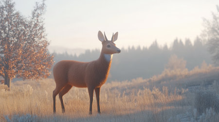 A beautiful deer stands gracefully in a misty meadow at sunrise, highlighting the peaceful coexistence of wildlife and nature in an autumn landscape.の素材