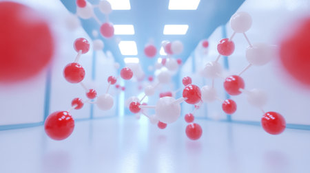 A captivating digital illustration showcasing floating molecules in a high-tech laboratory setting, symbolizing the fusion of science and modernity in research.の素材