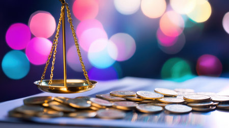 A captivating image featuring a golden scale of justice on a table, surrounded by scattered coins and a colorful bokeh backdrop, representing law, fairness, and wealth.の素材