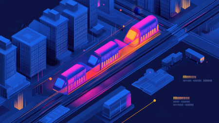 A vibrant and futuristic cityscape featuring bright trains and sleek buildings, illustrating modern urban transportation and digital technology in a captivating night setting.の素材
