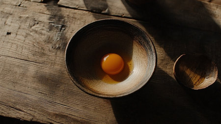 A solitary egg yolk sits in a rustic bowl atop a wooden surface, beautifully illuminated by natural light, showcasing the essence of fresh ingredients and culinary simplicity.の素材