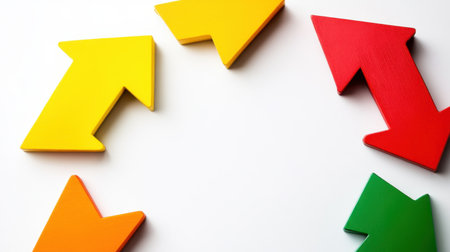 Vibrant arrows arranged in a circular formation showcase various directions on a pristine background, ideal for emphasizing decision-making and creativity in projects.の素材