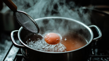 A fresh egg gently plunges into boiling water, steam rising from the pot, showcasing a classic cooking technique in a warm and inviting kitchen setting.の素材