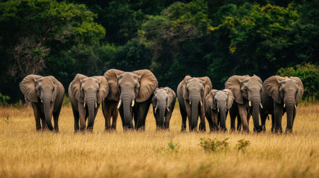 Witness a captivating scene of a herd of elephants gracefully moving through a golden grassland, beautifully framed by a lush green forest backdrop, showcasing their natural elegance.の素材