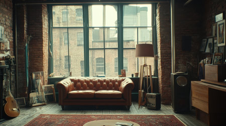 A beautifully styled urban living room featuring a warm leather sofa, vintage decor, and large windows that invite natural light, creating a cozy and inviting atmosphere.の素材