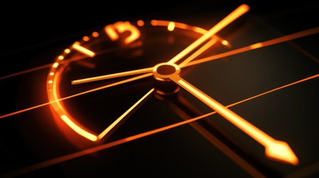 Close-up view of a backlit clock face with orange illuminated hands and markings, set against a dark background, showcasing modern design and precise time measurement.の素材