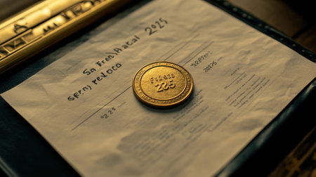 A striking vintage document showcases a gleaming golden coin on textured parchment. This artistic display evokes a sense of history, value, and timeless appeal in one frame.の素材