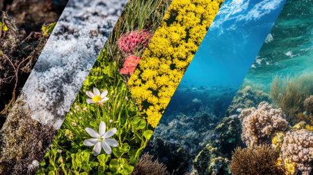 Explore a stunning visual collage showcasing the beauty of diverse ecosystems, featuring textures of frost, blooming flowers, and vibrant underwater coral life.の素材