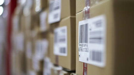 A detailed view of stacked cardboard boxes displaying barcodes, highlighting the importance of organization and efficiency in logistics and inventory management.の素材