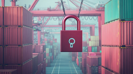 This image features a red padlock hanging in a vibrant shipping port, representing security and safety in the logistics and transportation industry.の素材
