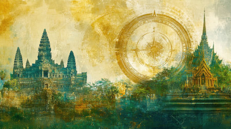 A captivating landscape featuring ancient temples against a backdrop of enchanting colors and magical patterns, showcasing rich cultural heritage and inviting exploration of spirituality.の素材