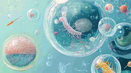 Colorful abstract illustration showcases diverse microorganisms and cells within bubbles, highlighting the intricate world of life at the microscopic level in a visually stunning design.の素材