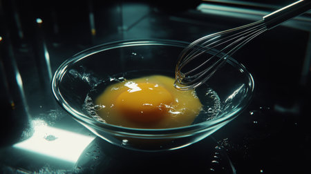 A close-up image featuring a fresh egg in a glass bowl, with a whisk poised to mix. The reflective surface enhances the culinary atmosphere and highlights food preparation.の素材