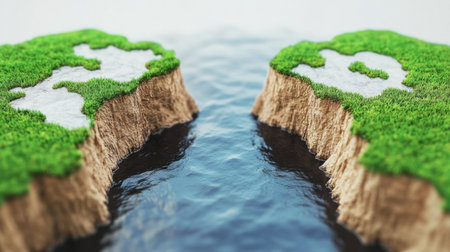 Captivating image of two green islands separated by tranquil blue water, illustrating the harmony of nature and the beauty of environmental landscapes for creative projects.の素材