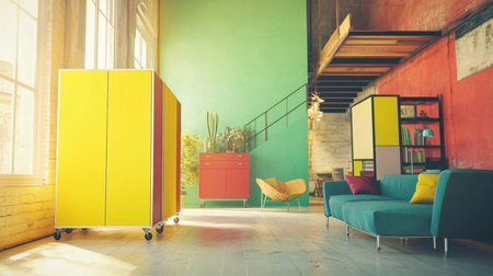 Explore a bright and colorful living room featuring stylish yellow storage units and modern green walls, creating an inviting and cozy atmosphere perfect for relaxation.の素材