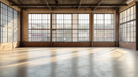 An expansive industrial loft featuring large windows that invite natural light, perfect for creative projects or as a stylish urban workspace with a minimalist aesthetic.の素材